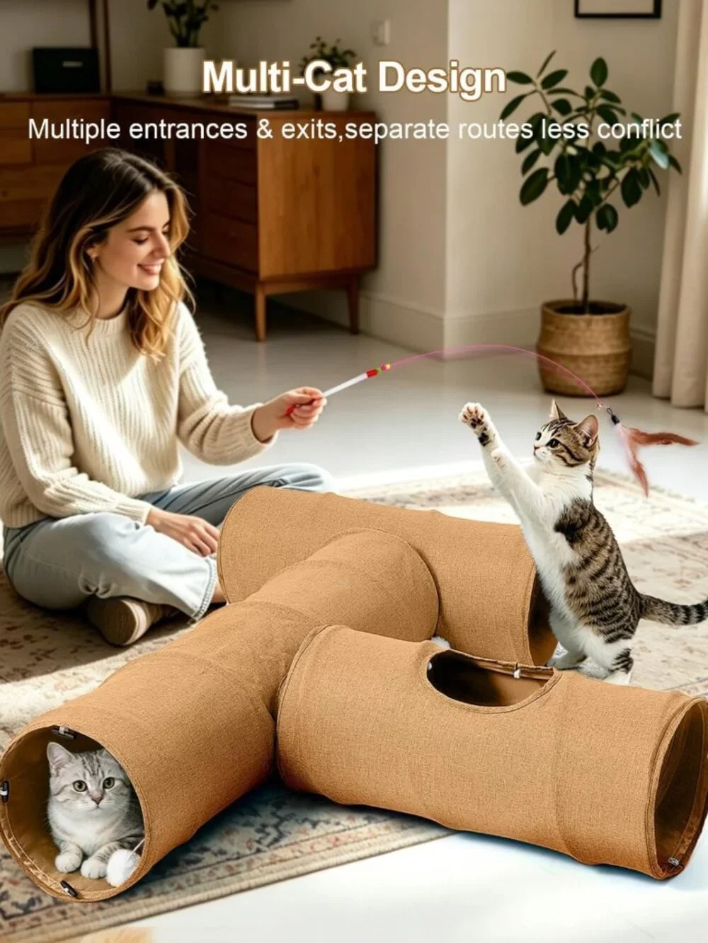 Interactive Cat Tunnel Set - 3 Straight Tunnels, DIY Shapes, Scratch Resistant